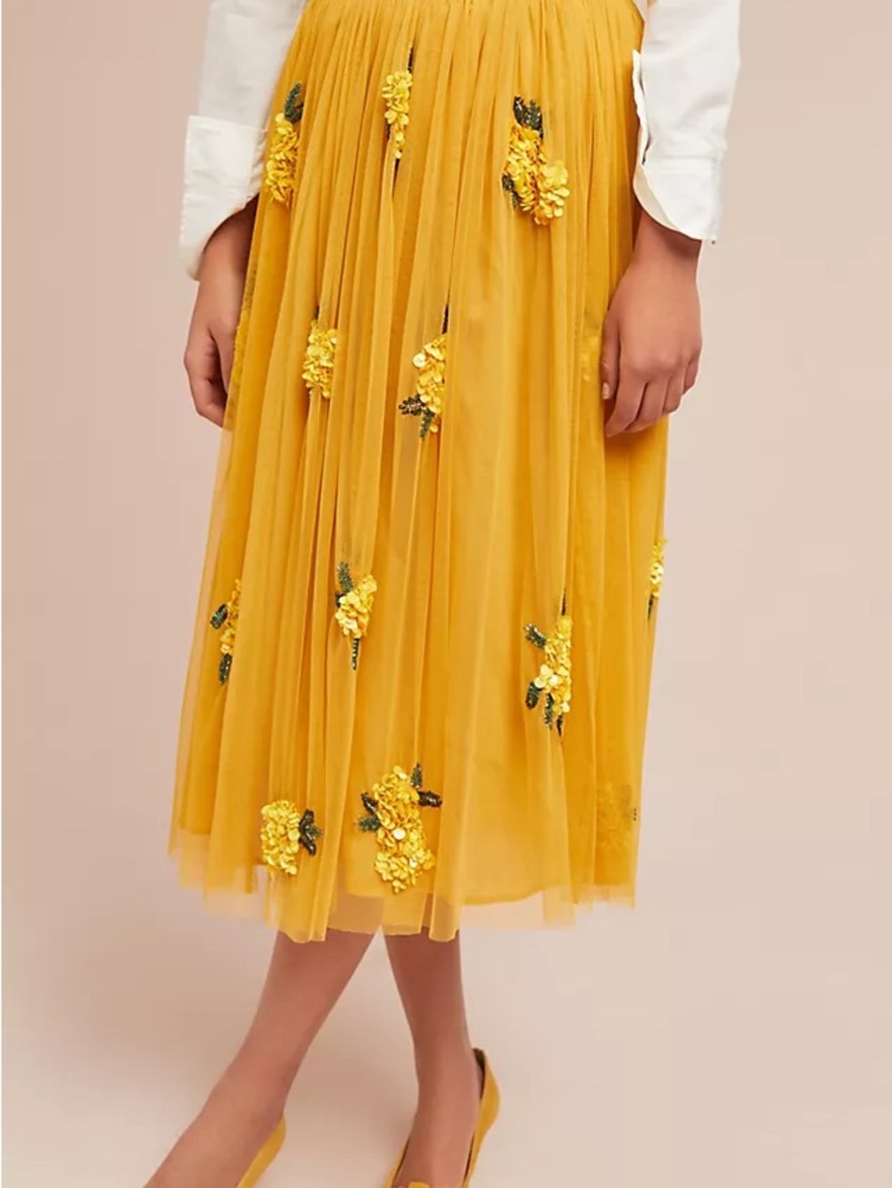 NWT Maeve x Anthropologie Posy Mesh  Embroidered Tulle Midi Skirt | Yellow Gold